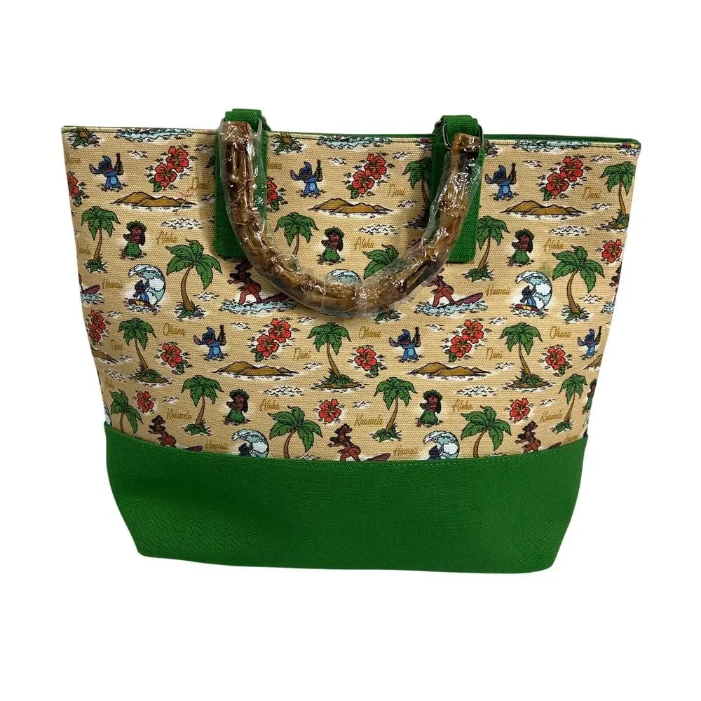 LOUNGEFLY Disney Lilo Stitch Canvas Tote Bag Aloha Map Bamboo Handle Green NWT